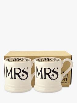 Emma Bridgewater Black Toast Mrs & Mrs Mugs, Set of 2, 310ml, Black/White, Black/White