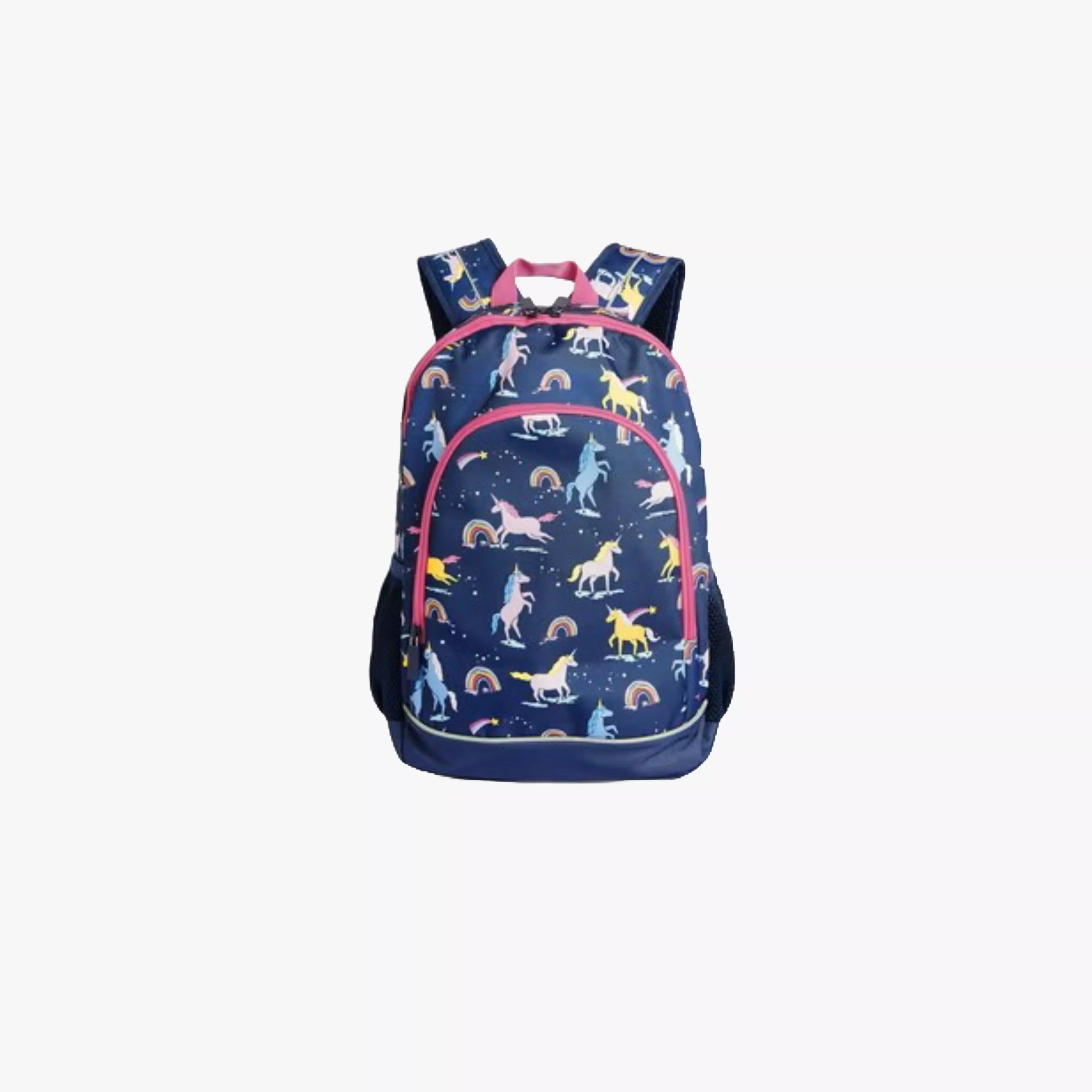 Navy kids backpack with unicorn and rainbow print, pink zip, padded straps and front pocket for school or travel