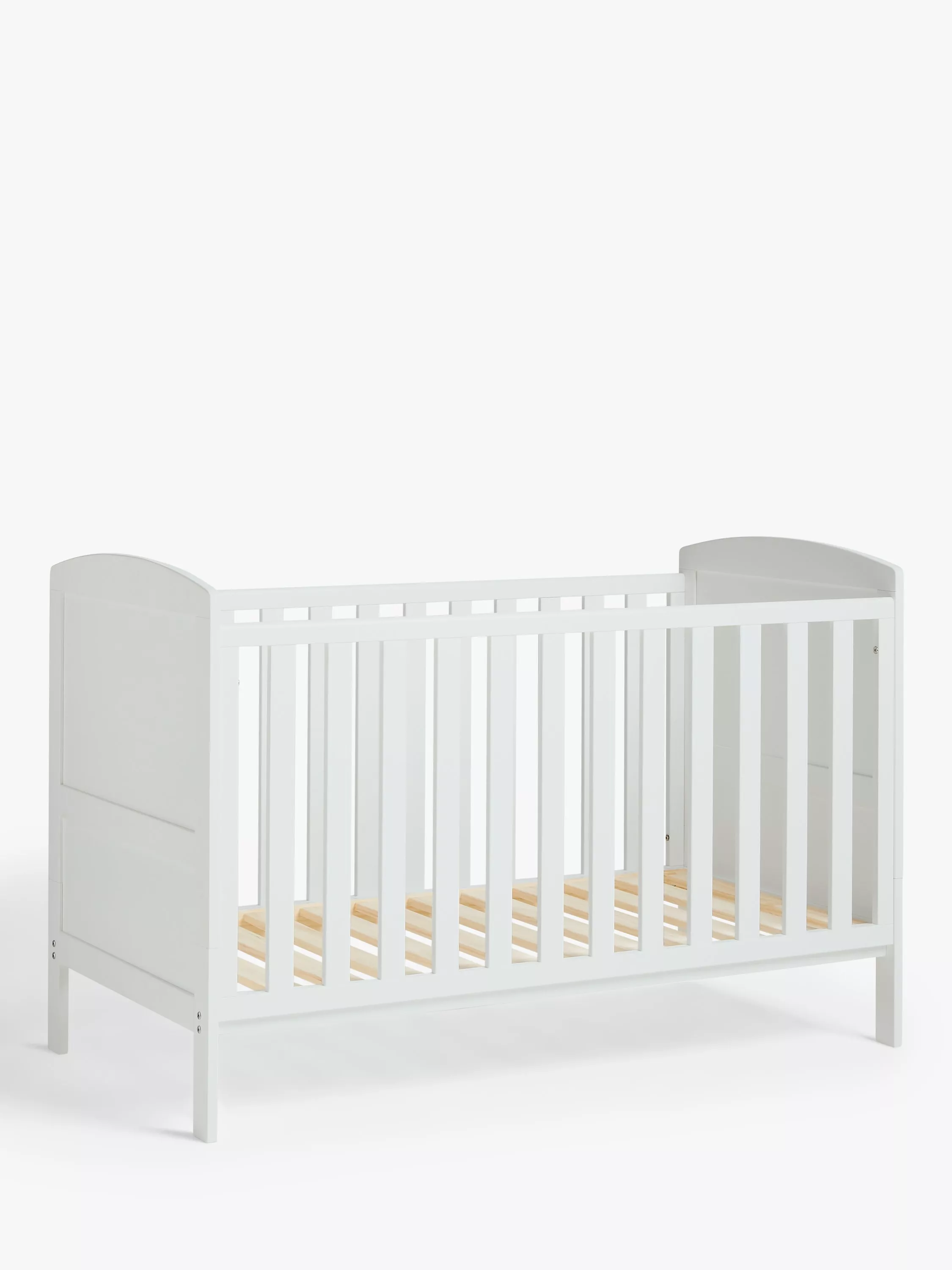 White wooden baby cot bed with slatted sides and natural pine base, nursery furniture on white background
