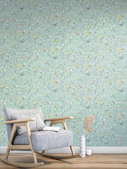 John Lewis Hummingbird Trees Wallpaper - view 2, Pale Duck Egg