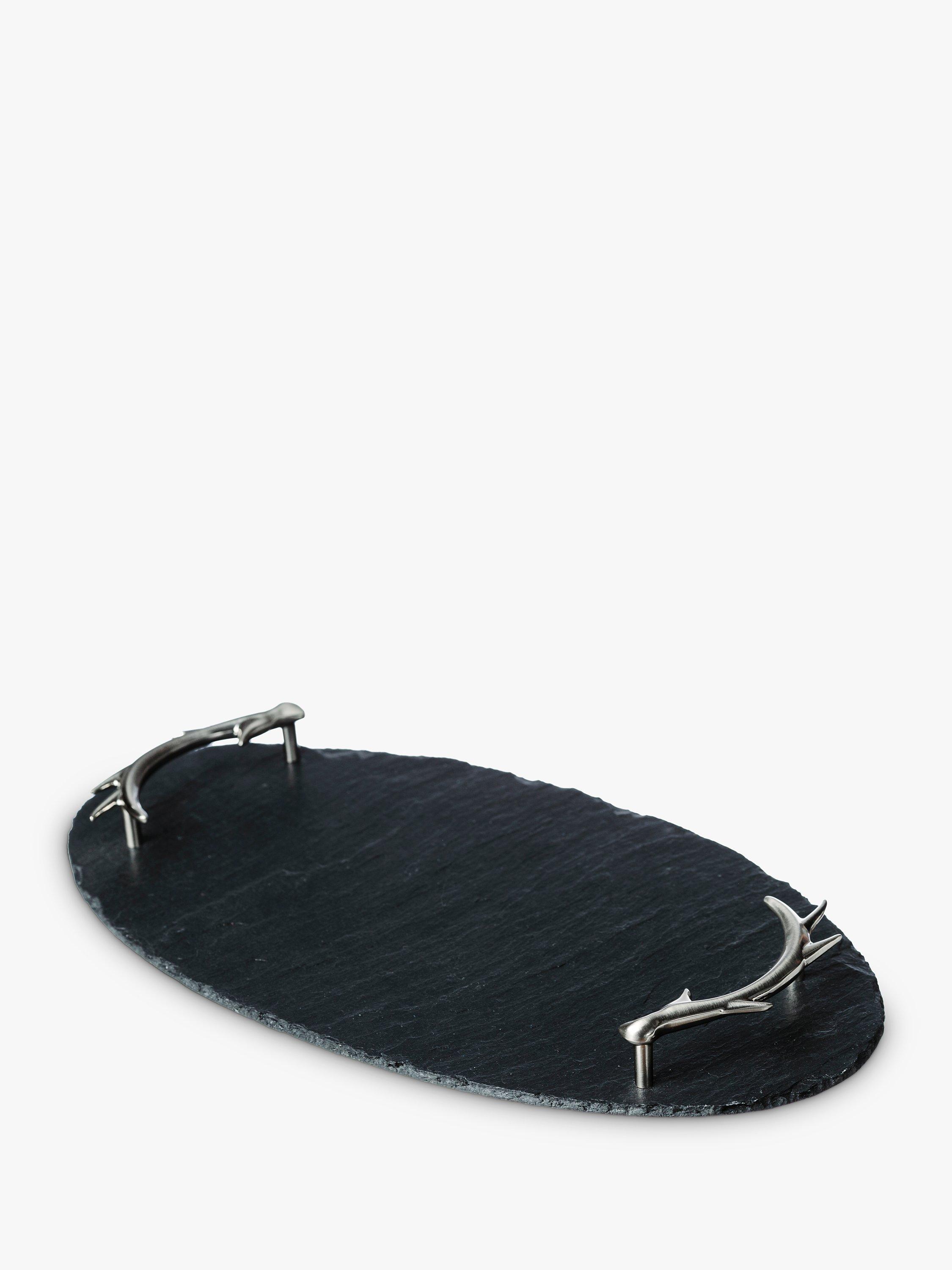 Selbrae House Oval Slate Tray with Antler Handles, Black