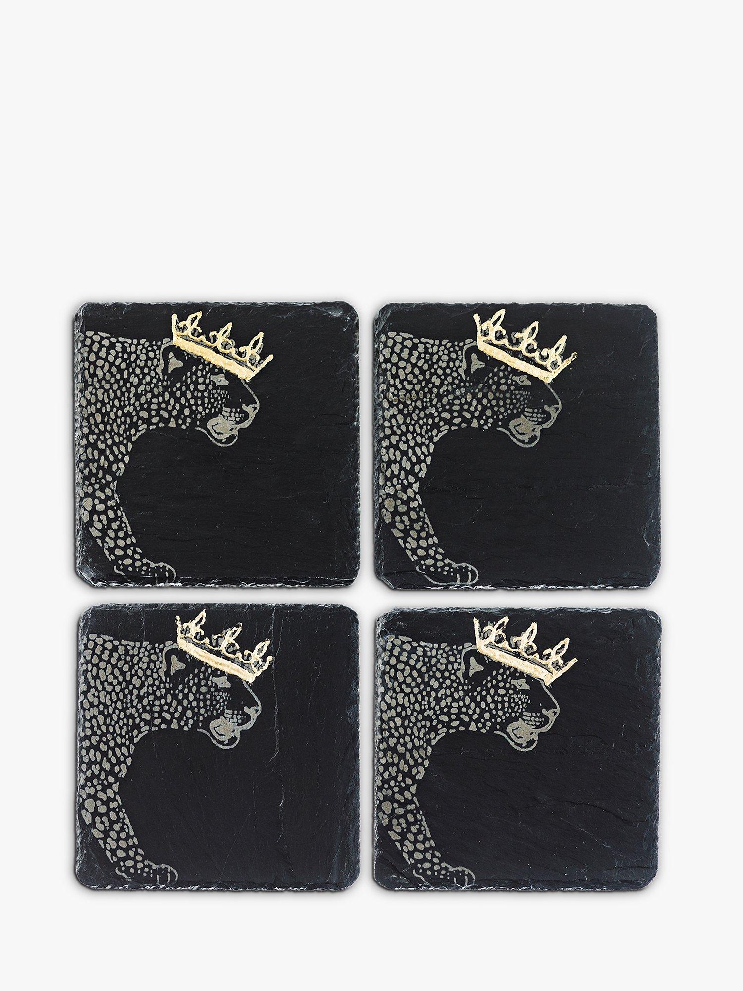 Selbrae House Crown Leopard Slate Coasters, Set of 4, Black/Gold