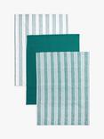 John Lewis Plain & Striped Print Cotton Tea Towels, Pack of 3, Green
