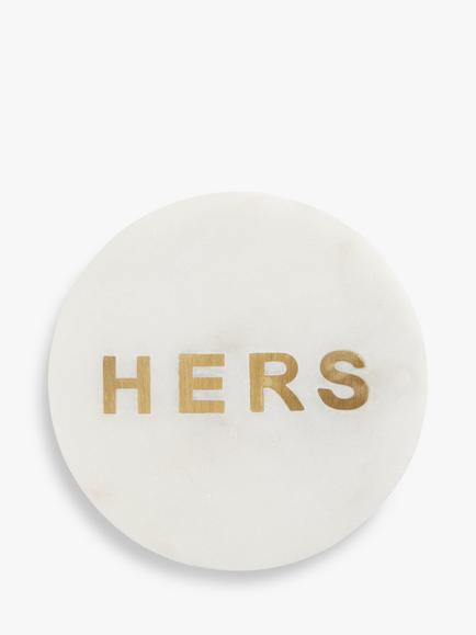 John Lewis Round Marble 'Hers' Coaster, White/Brass, White/Brass