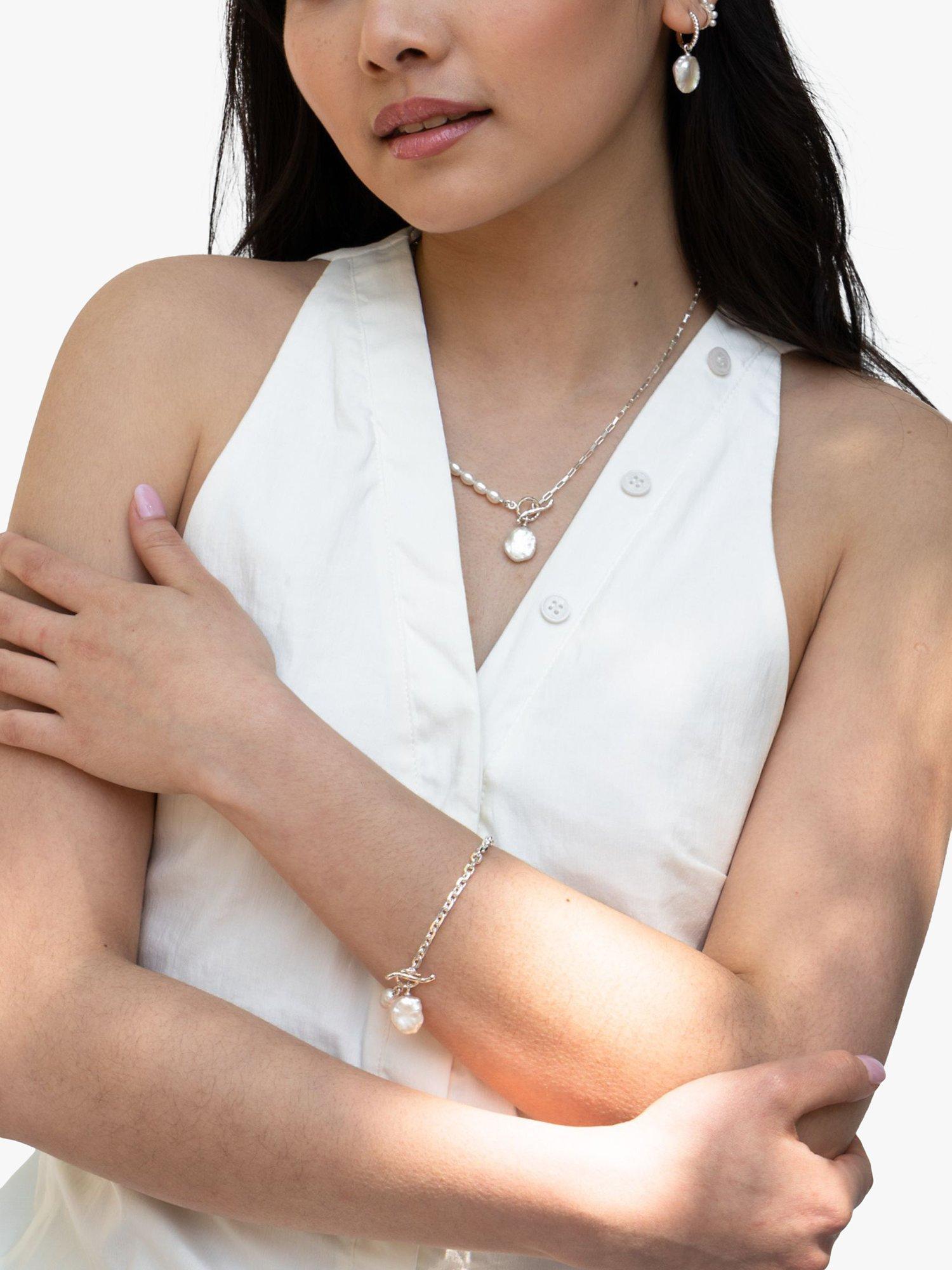 Product image 5 of 7, which shows Dower & Hall Dotty Story Keshi Pearl Hoop Earrings, Silver