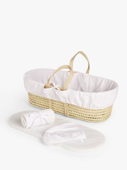 John Lewis Moses Basket, Fitted Sheet & Blanket Set, White, White