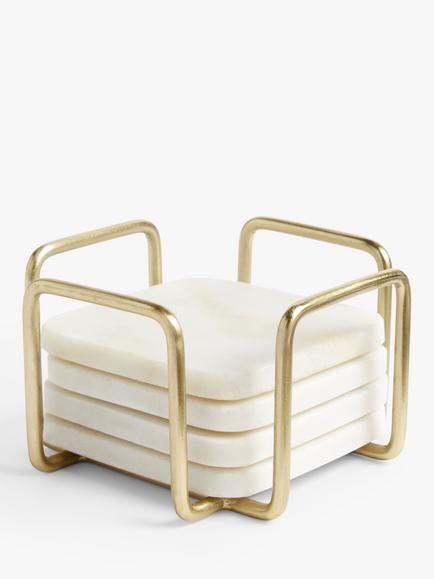 John Lewis Square Marble Coasters & Stainless Steel Stand, Set of 4, White/Gold, White / Gold