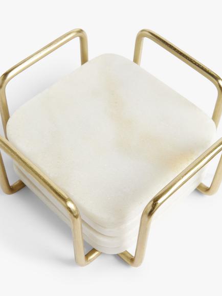 John Lewis Square Marble Coasters & Stainless Steel Stand, Set of 4, White/Gold - view 2, White / Gold