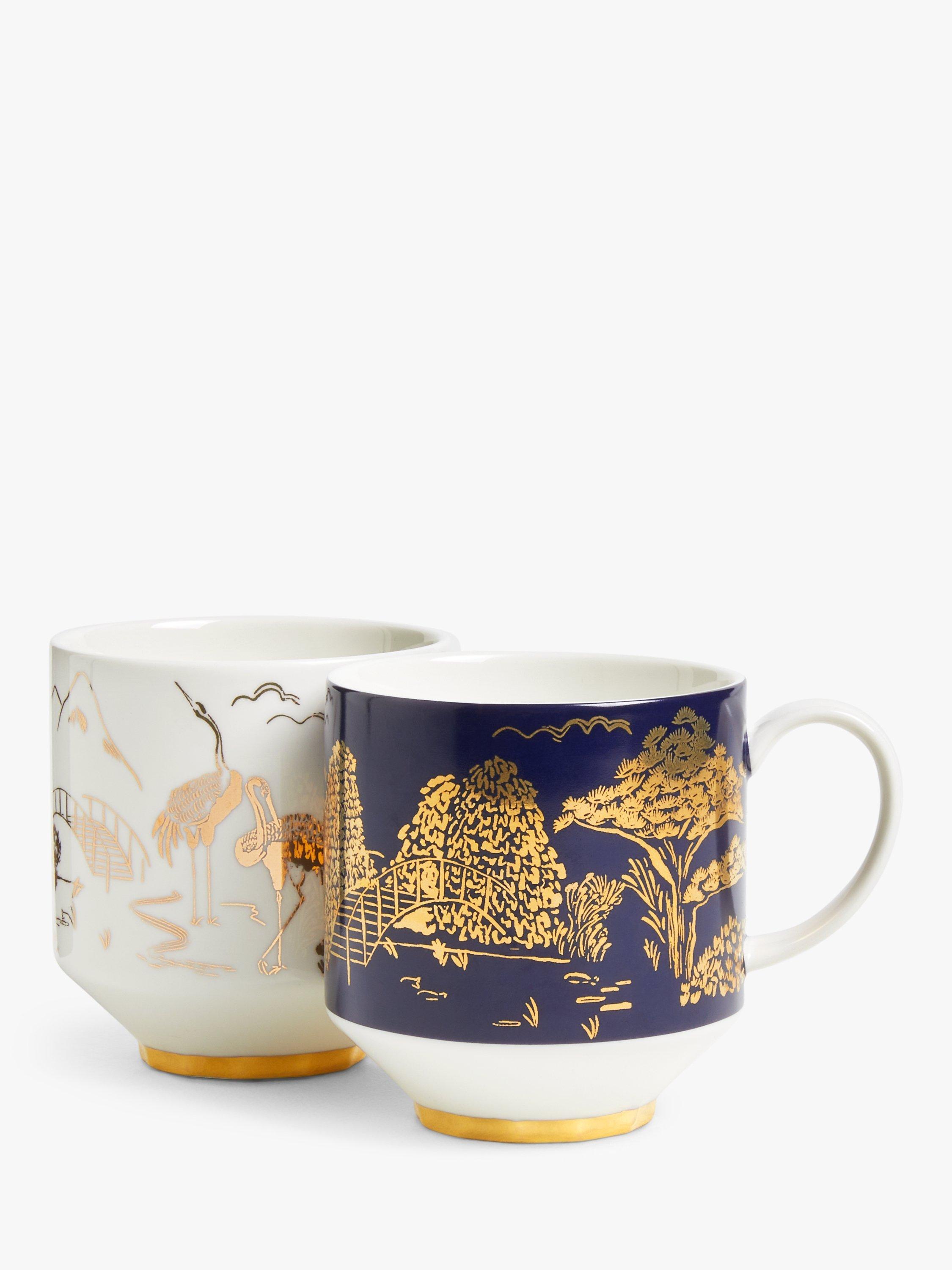 John Lewis Willow Landscape Fine China Mugs, Set of 2, 400ml, White/Navy