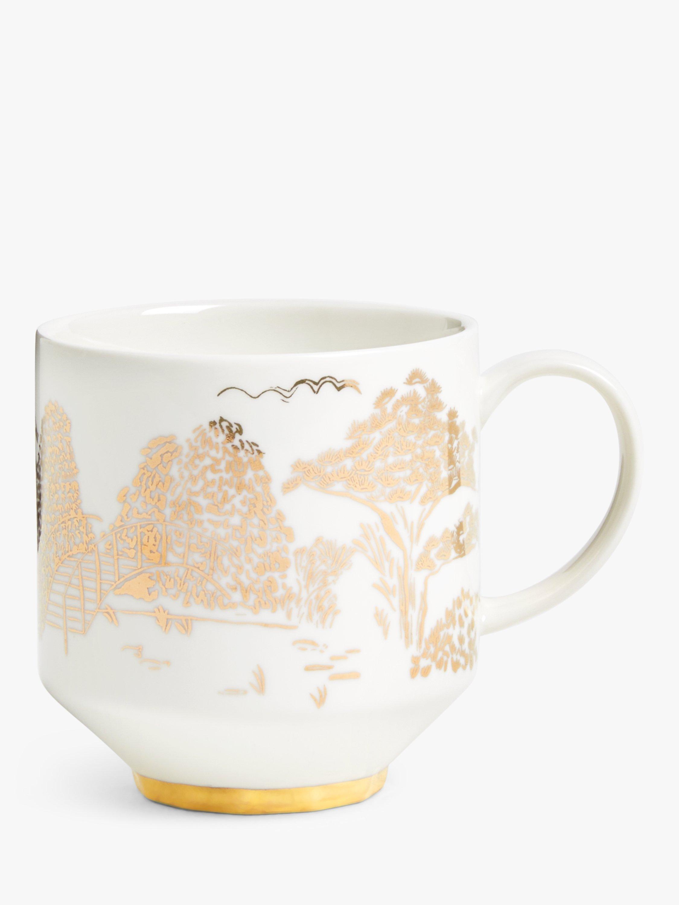John Lewis Willow Landscape Fine China Mug, 400ml, White/Gold