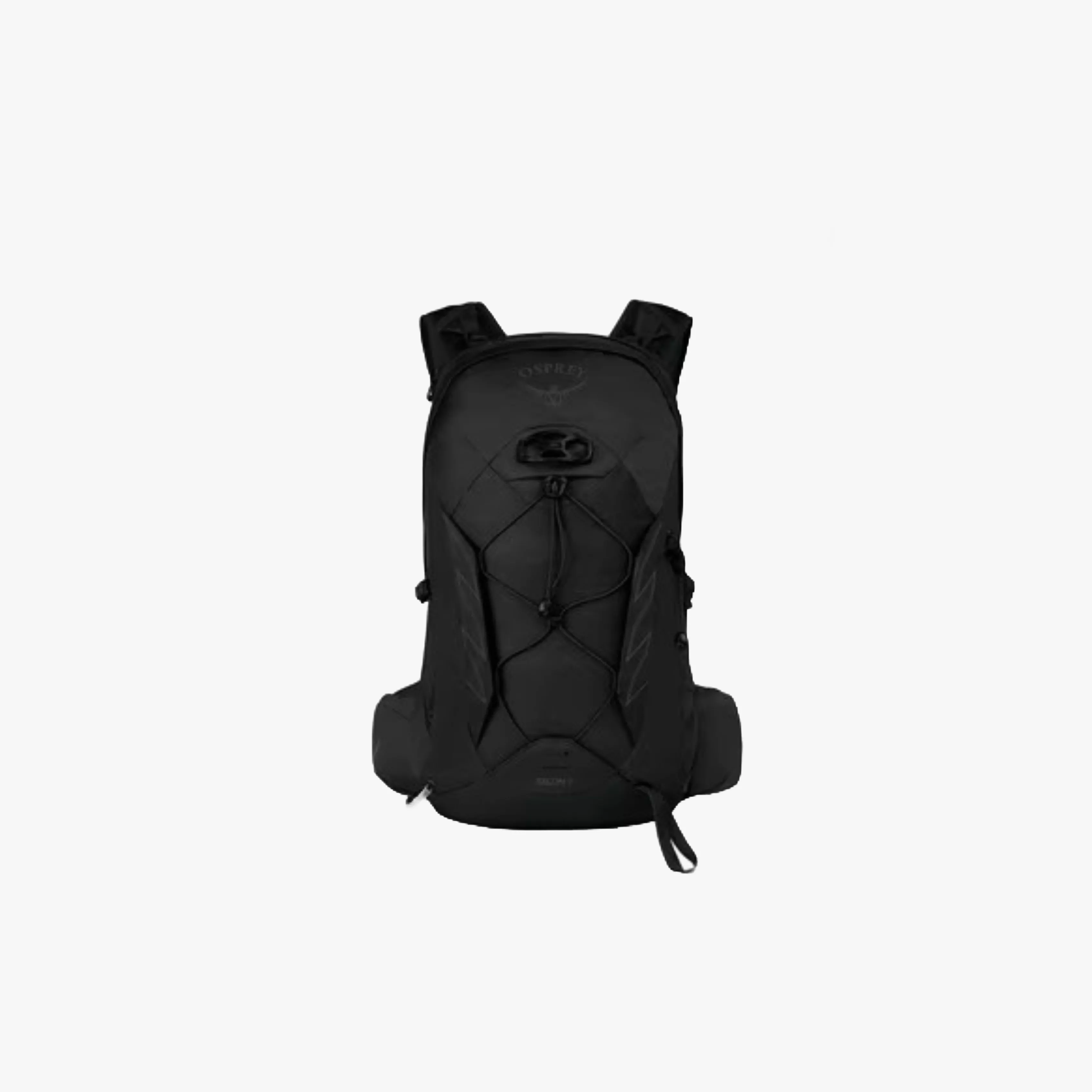 Black Osprey Talon 11 hiking backpack with front bungee cord and padded shoulder straps, studio product photo