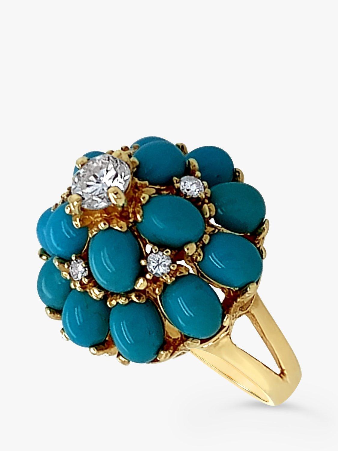 Product image 1 of 4, which shows Milton & Humble Jewellery 9ct Yellow Gold Pre-Loved Turquoise & Diamond Cluster Ring, Dated Circa 1960s