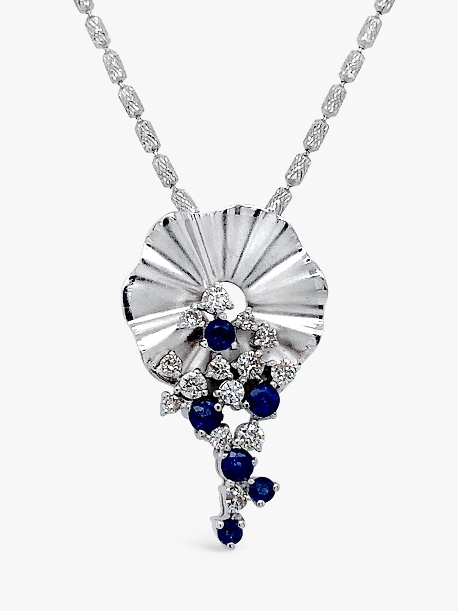 Product image 1 of 4, which shows Milton & Humble Jewellery 18ct White Gold Pre-Loved Sapphire & Diamond Floral Pendant Necklace