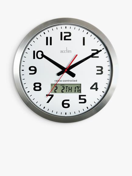 Acctim Meridian Radio Controlled LCD Display Analogue Wall Clock, 38cm, SIlver, Silver