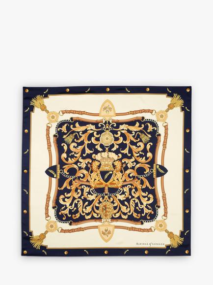 Aspinal of London Signature Shield Silk Square Scarf, Navy/Gold