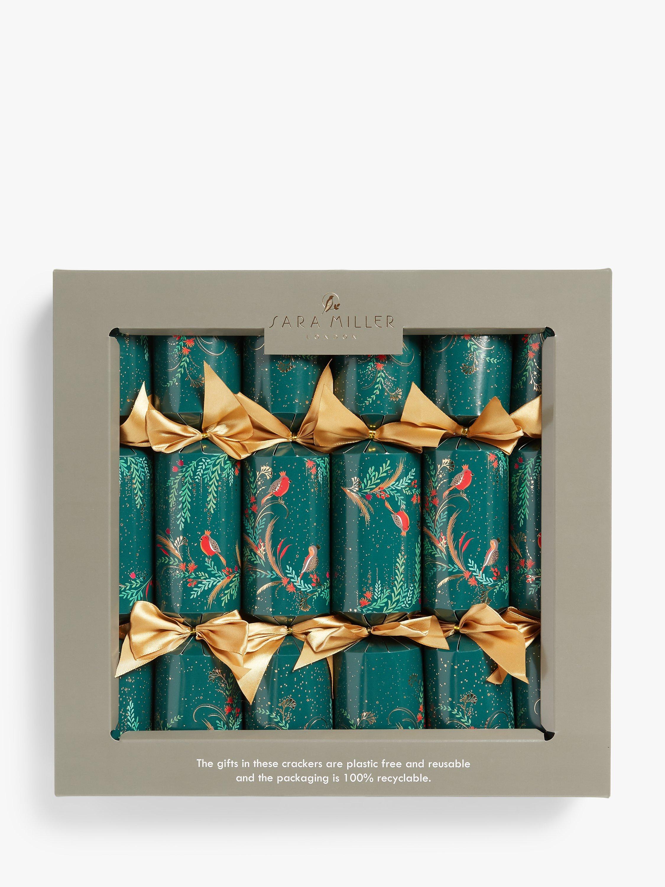Sara Miller Robin Luxury Christmas Crackers, Pack of 6, Green / Gold