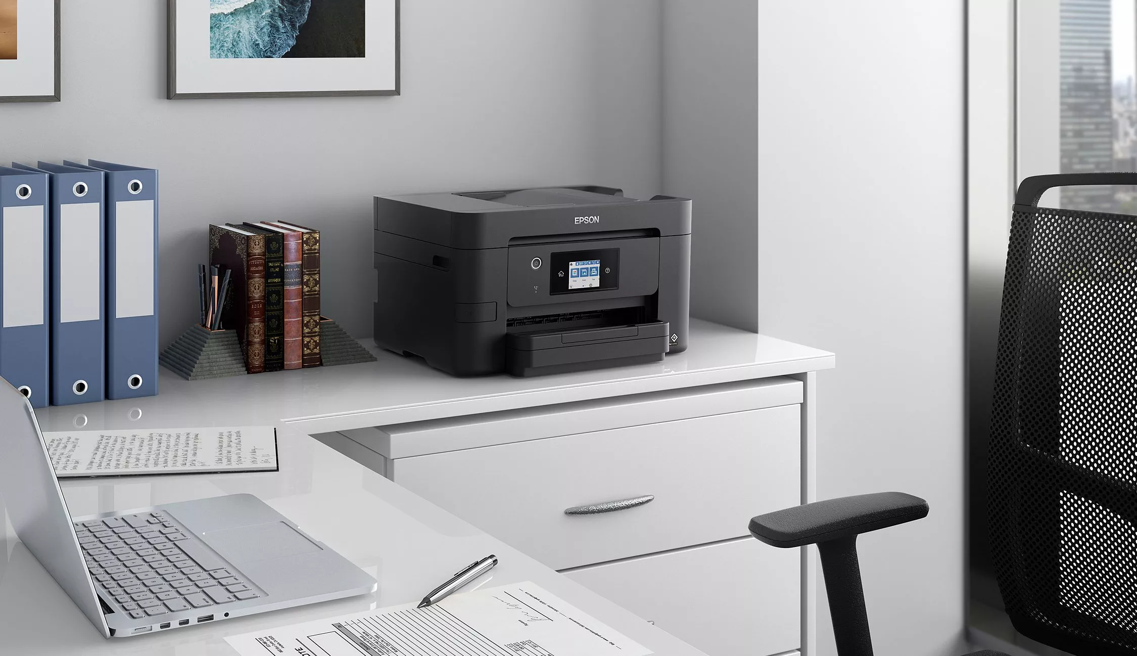 Epson all-in-one inkjet printer printing a colour document, front view with control panel and tick icon