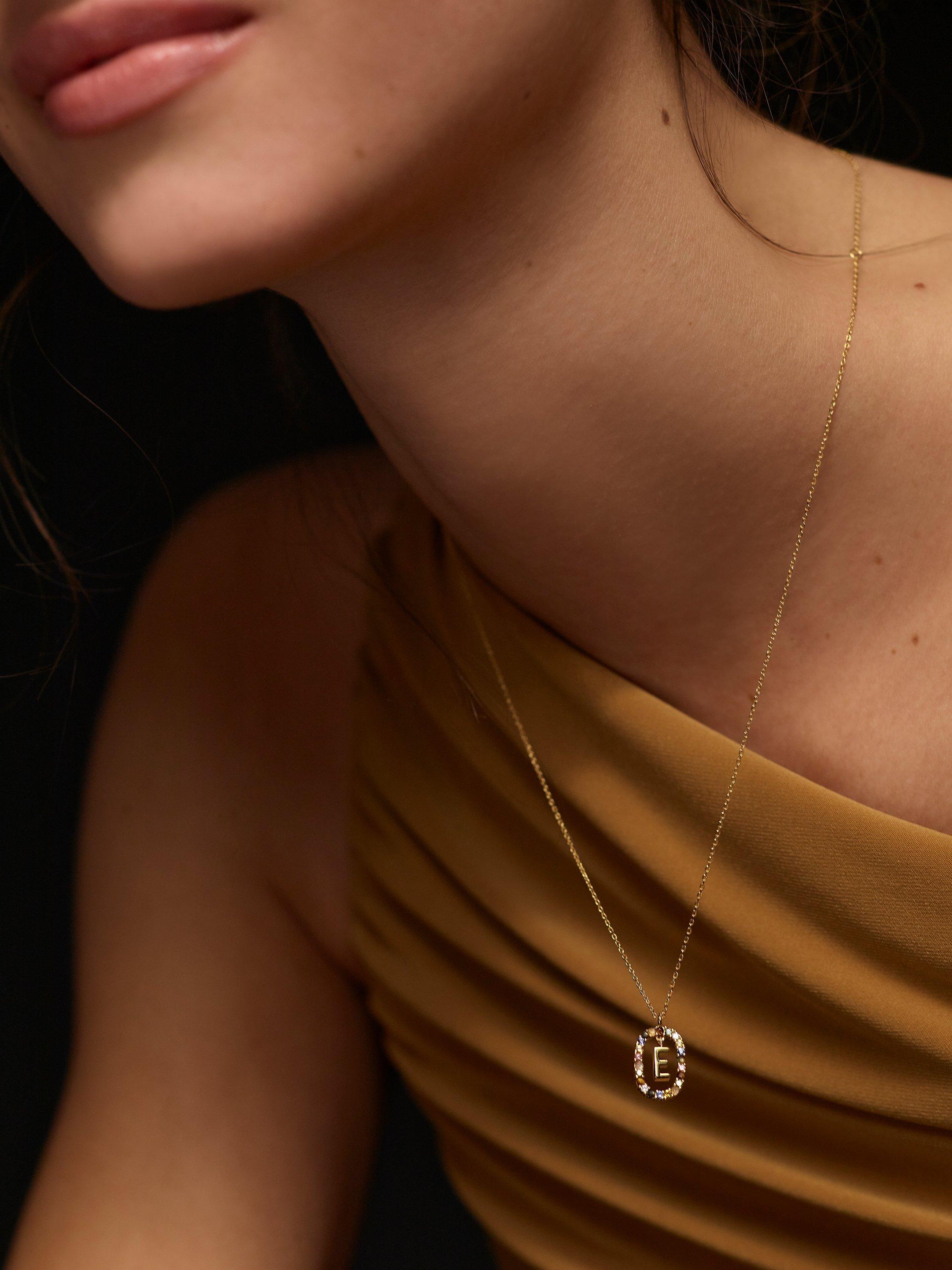 Product image 3 of 3, which shows PDPAOLA Alphabet Initial Crystal Pendant Necklace, Gold/Multi, E
