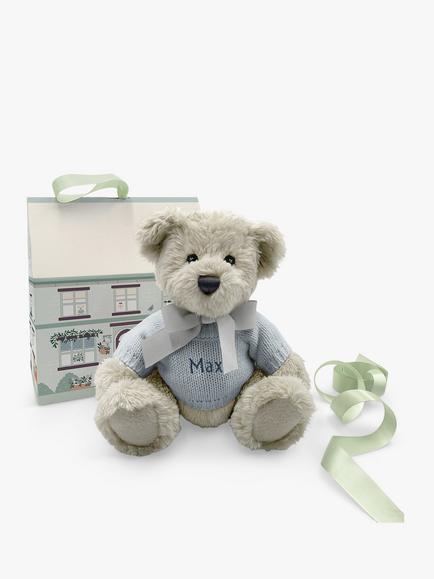 Babyblooms Personalised Berkeley Bear Soft Toy with Bear House Box, Light Blue, Light Blue