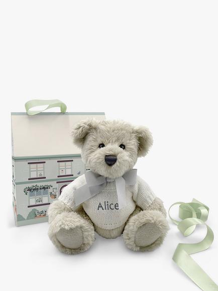 Babyblooms Personalised Berkeley Bear Soft Toy with Bear House Box, Light Blue, White