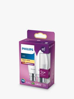 Philips 2.8W B22 LED Non Dimmable Candle Bulbs, White, Set of 2 - view 2, White