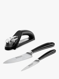 Robert Welch Signature Intro Stainless Steel Kitchen Knife Set with Hand Held Sharpener, 3 Piece, Silver/Black