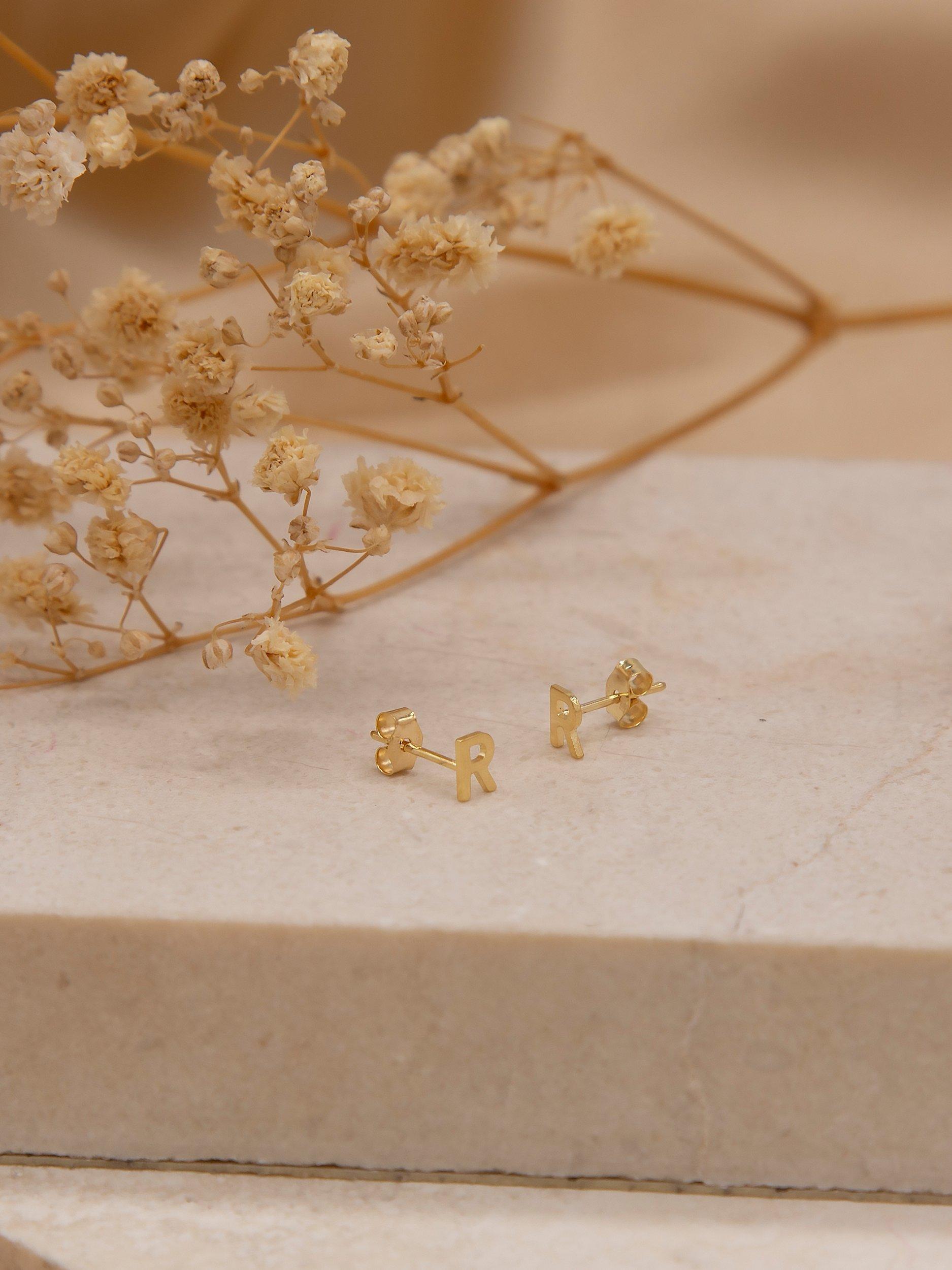 Product image 4 of 4, which shows IBB 9ct Gold Initial Stud Earrings, R