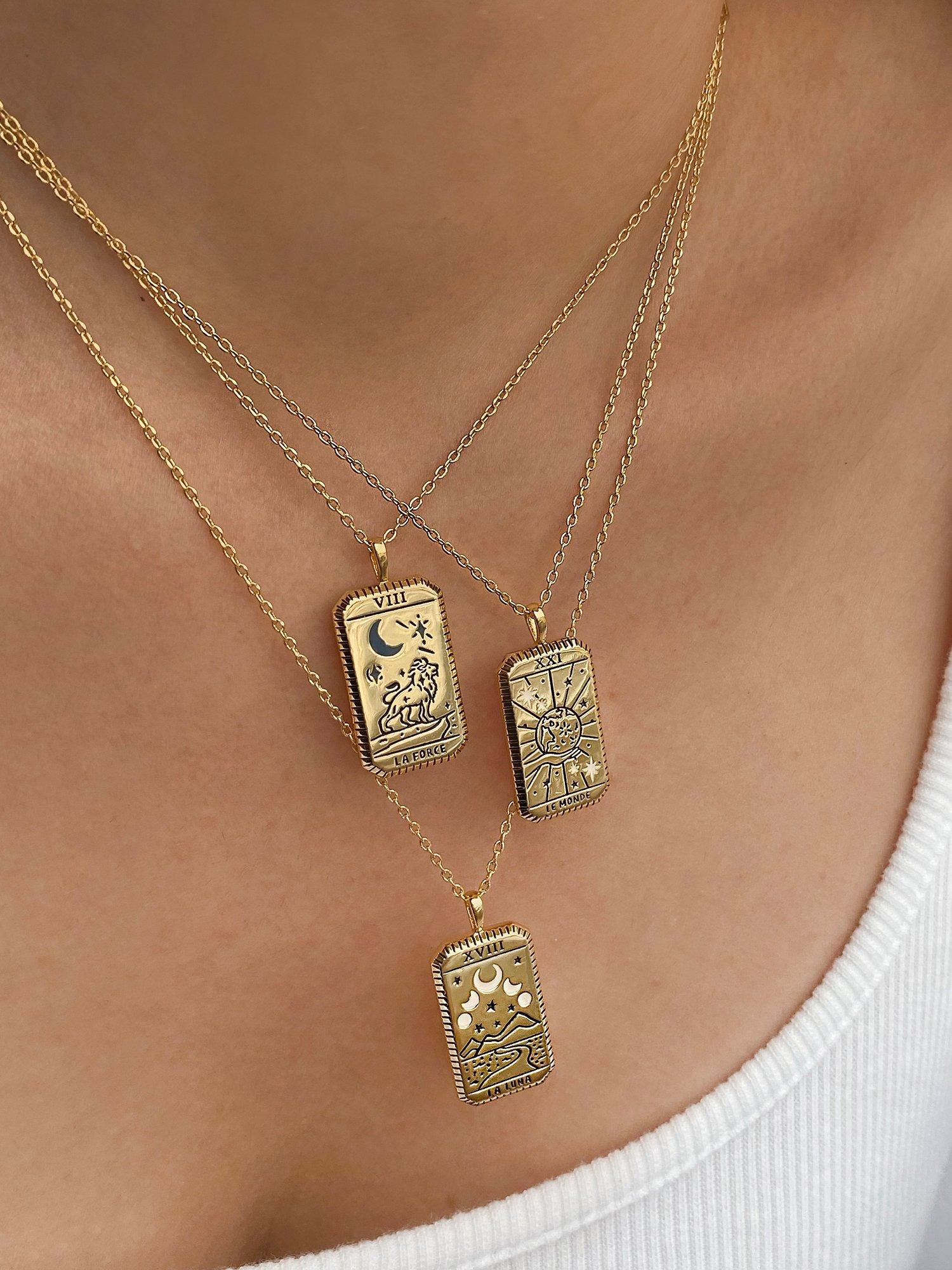 Product image 2 of 4, which shows Wanderlust + Co La Luna Tarot Pendant Necklace, Gold