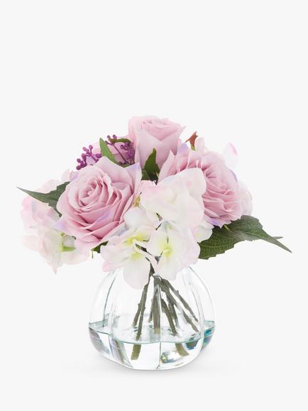 Floralsilk Artificial Rose & Hydrangea in Curve Vase, Multi