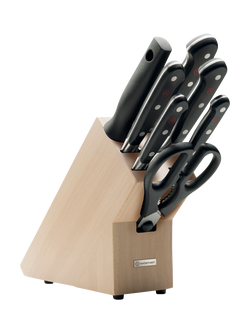 WÜSTHOF Beech Wood Filled Knife Block with 5 Kitchen Knives, Shears & Honing Steel Set, 8 Piece, Natural