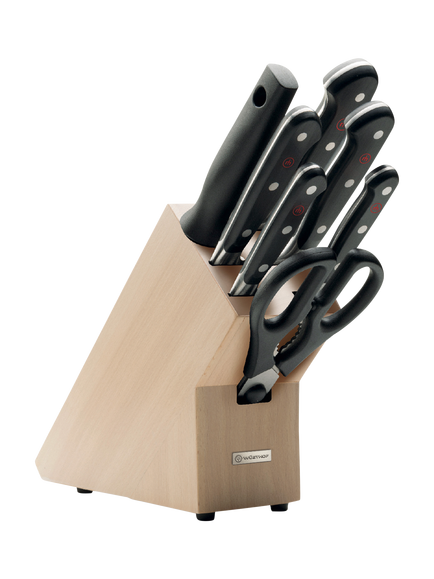 WÜSTHOF Beech Wood Filled Knife Block with 5 Kitchen Knives, Shears & Honing Steel Set, 8 Piece, Natural