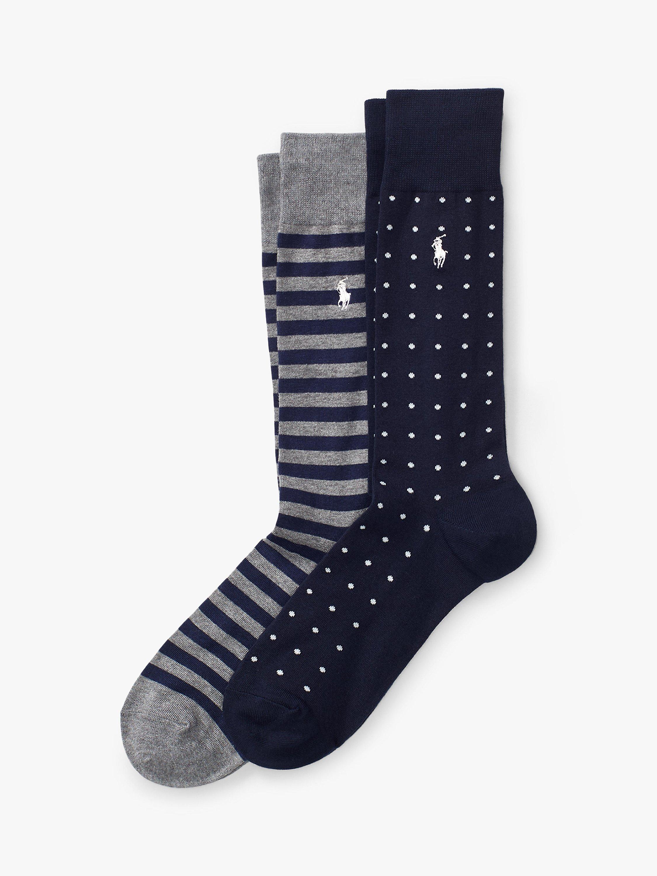Product image 1 of 1, which shows Polo Ralph Lauren Dot Stripe Socks, One Size, Pack of 2, Navy/Grey