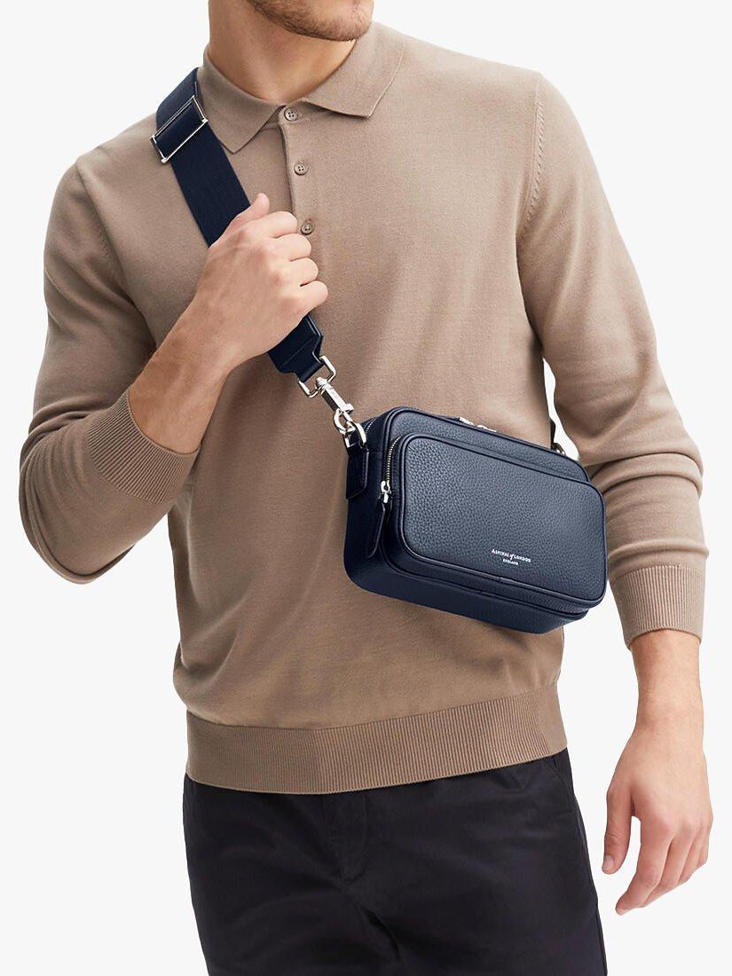 Product image 6 of 7, which shows Aspinal of London Reporter East West Pebble Leather Messenger Bag, Navy