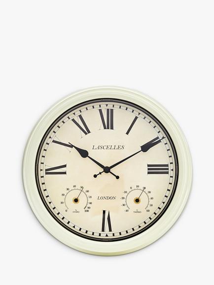 Brookpace Lascelles Roman Numeral Outdoor Wall Clock with Temperature & Humidity, 36cm, Cream, Cream