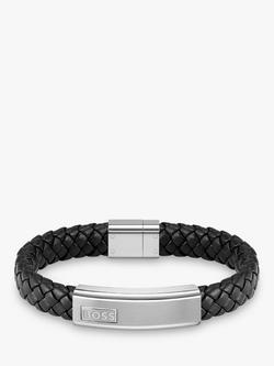 BOSS Men's Woven Leather Logo Bracelet, Black/Silver