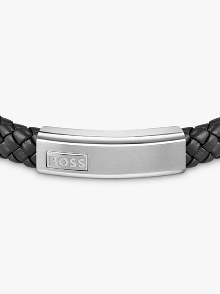 BOSS Men's Woven Leather Logo Bracelet - view 2, Black/Silver