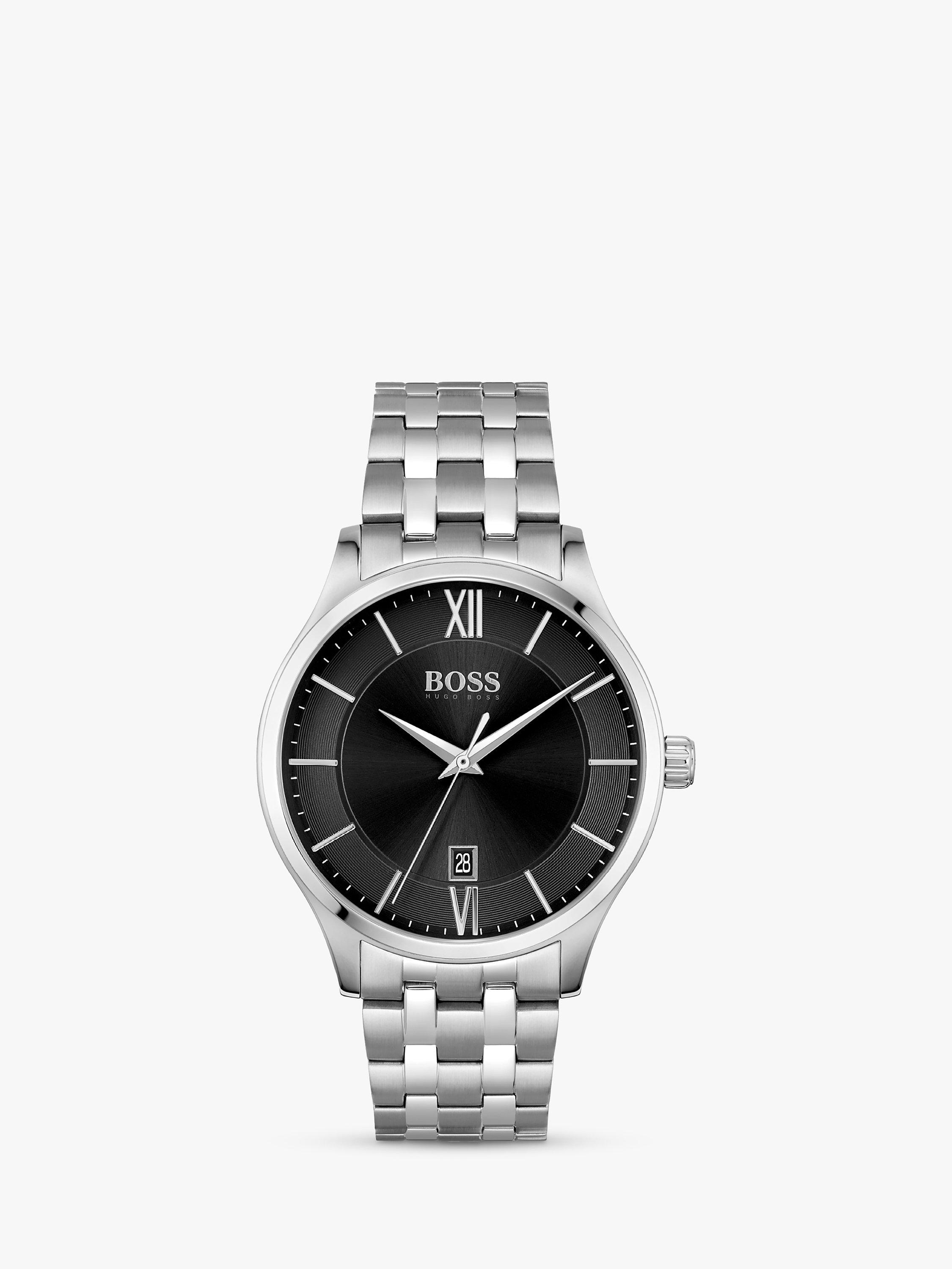 BOSS Men's Elite Date Bracelet Strap Watch, Silver/Black 1513896