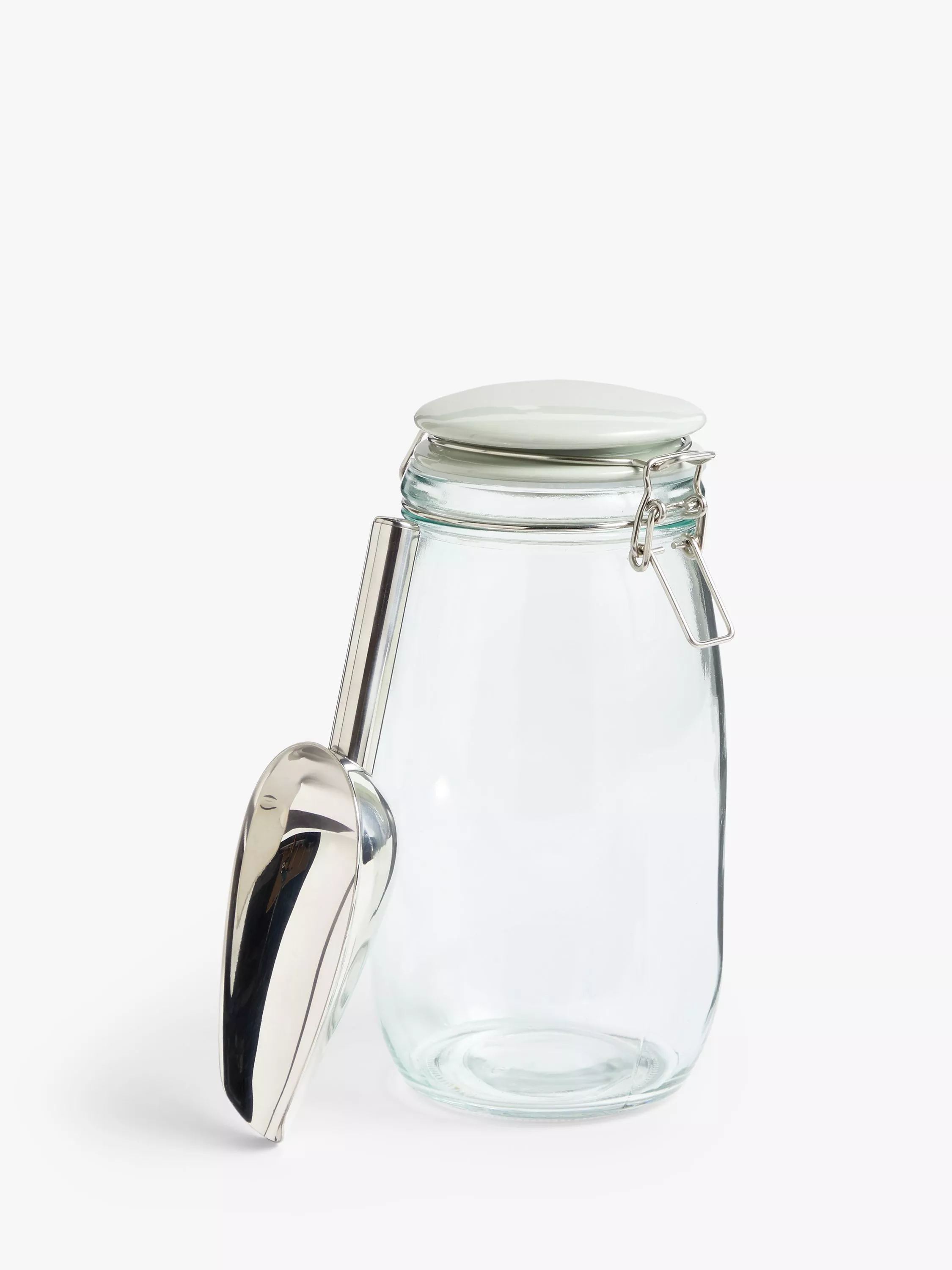 John Lewis Leckford Farm Glass Storage Jar with Stainless Steel Scoop 1.4L Pale Green Clear