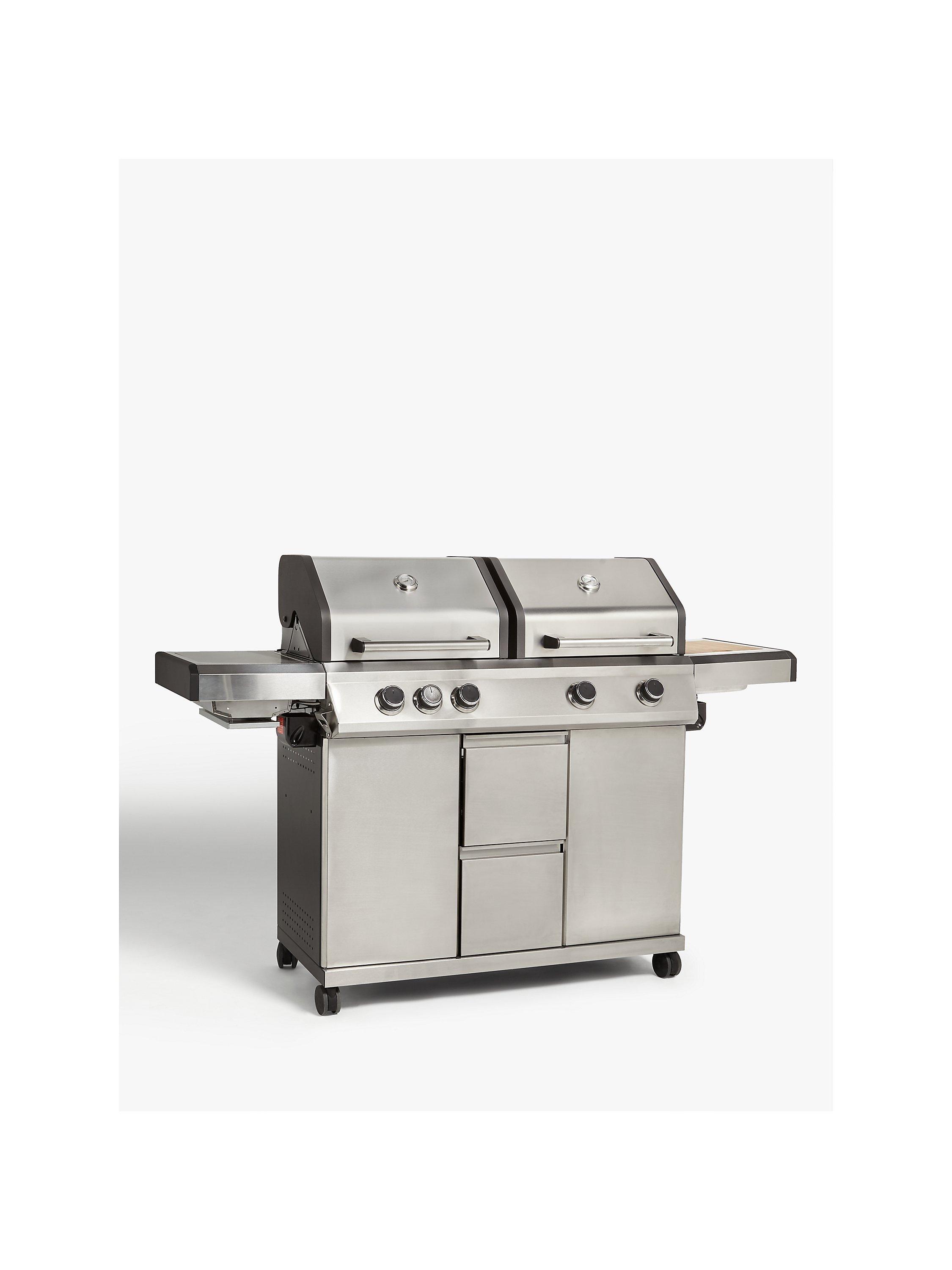 John Lewis Grillstream Dual Hood 5 Burner Hybrid Gas & Charcoal BBQ, Silver