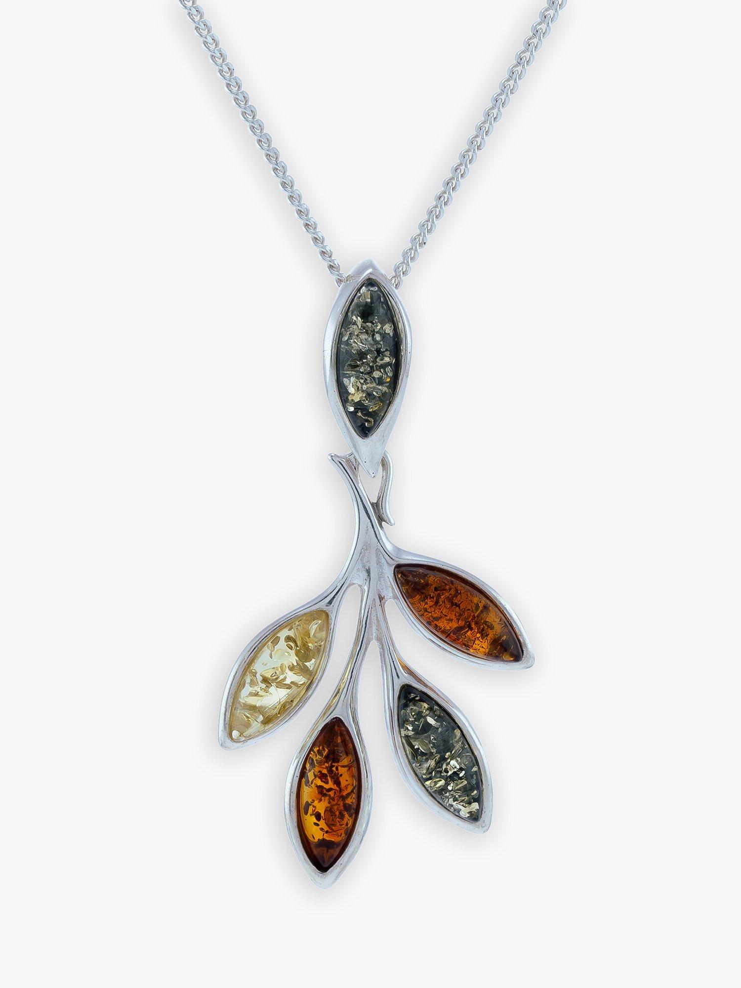 Product image 1 of 4, which shows Be-Jewelled Baltic Amber Leaf Drop Pendant Necklace, Silver