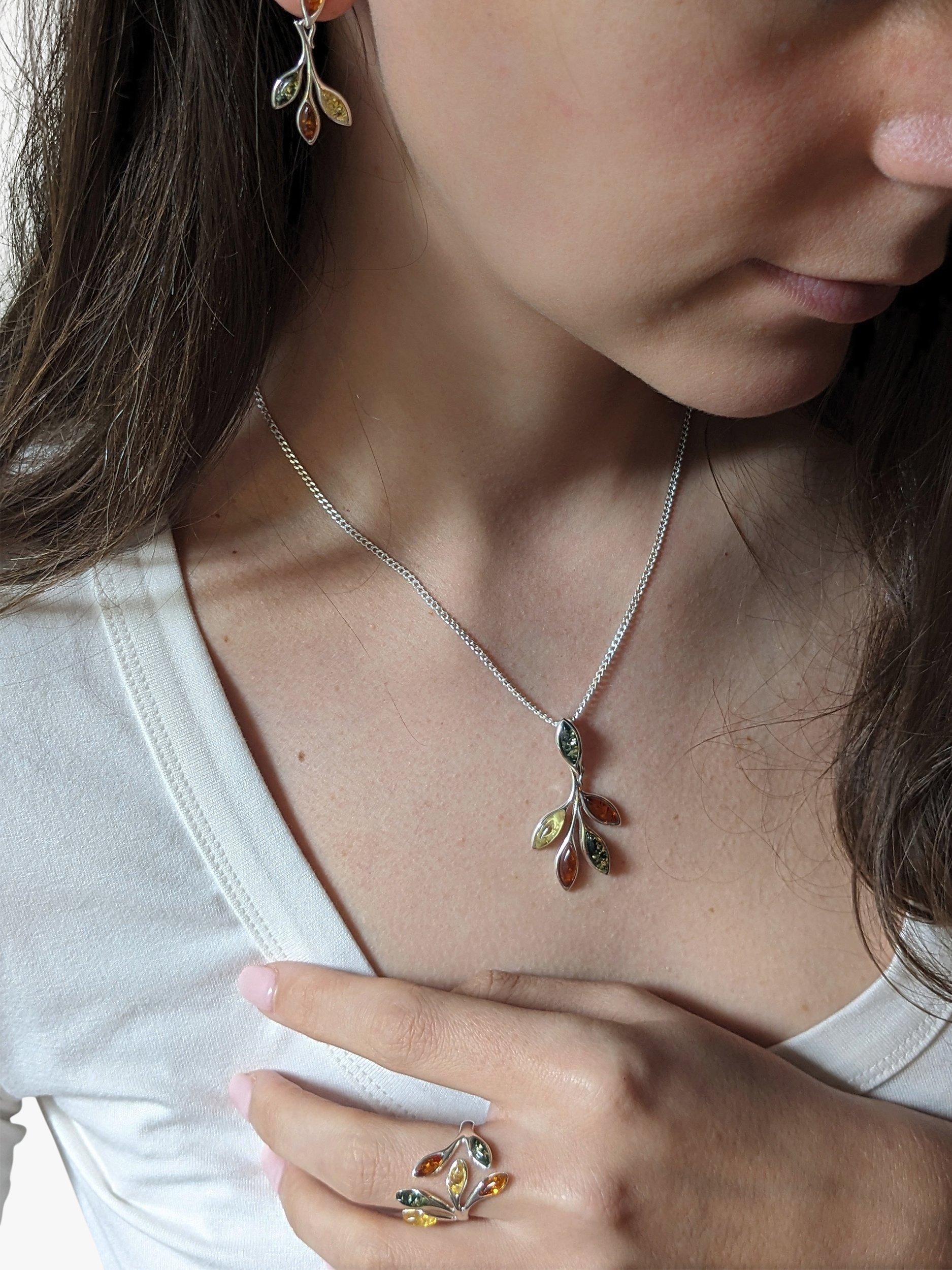 Product image 2 of 4, which shows Be-Jewelled Baltic Amber Leaf Drop Pendant Necklace, Silver