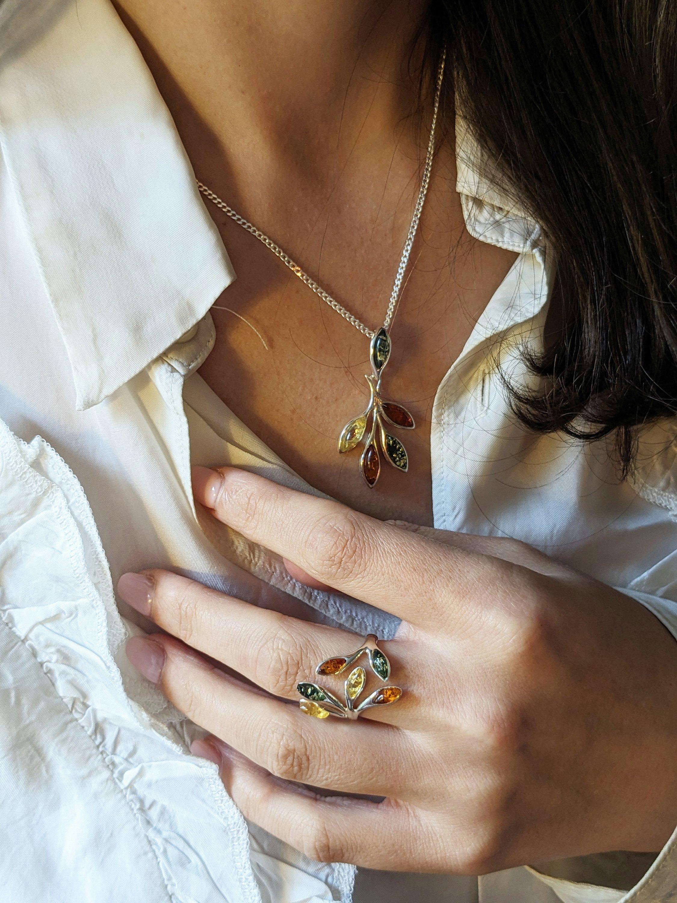 Product image 3 of 4, which shows Be-Jewelled Baltic Amber Leaf Drop Pendant Necklace, Silver