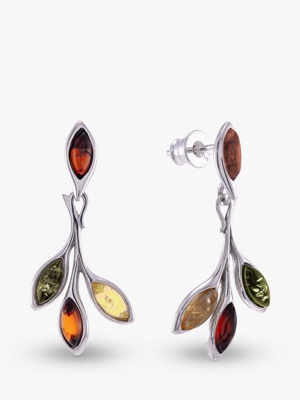Be-Jewelled Baltic Amber Silver Leaf Drop Stud Earrings, Silver, Silver