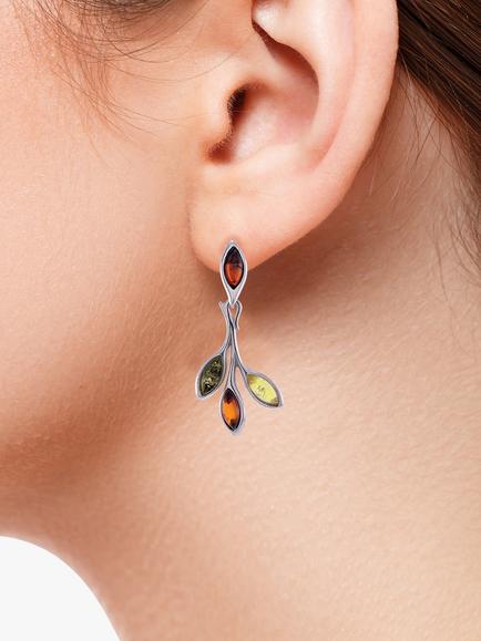 Be-Jewelled Baltic Amber Silver Leaf Drop Stud Earrings, Silver - view 2, Silver