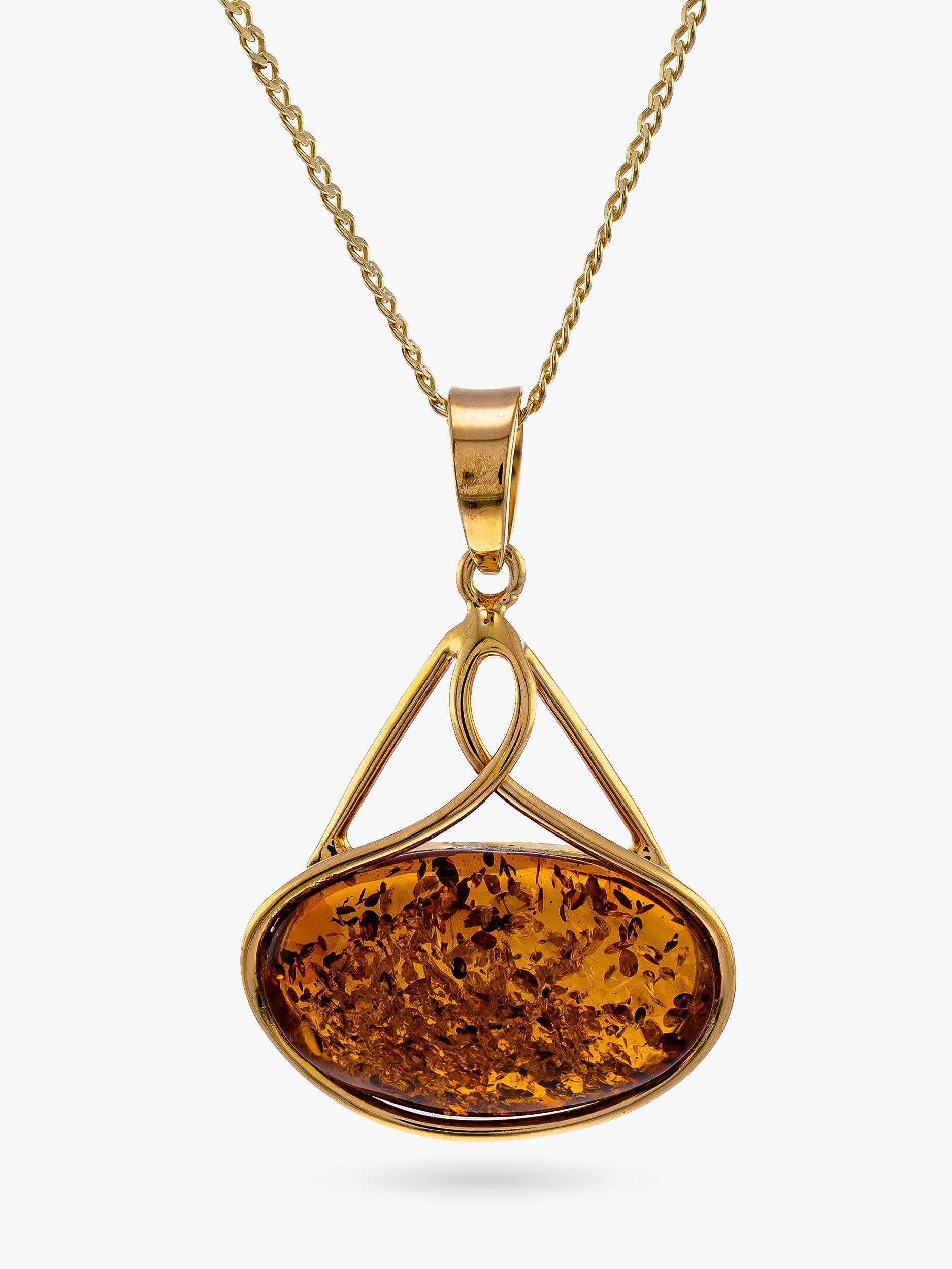 Be-Jewelled Oval Baltic Amber Pendant Necklace, Gold/Cognac