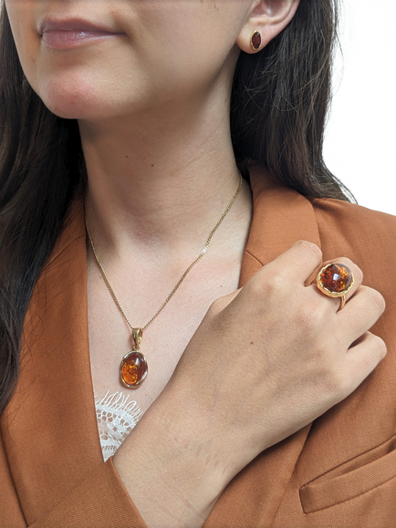 Be-Jewelled Organic Baltic Amber Pendant Necklace, Gold/Cognac - view 2, Gold/Cognac