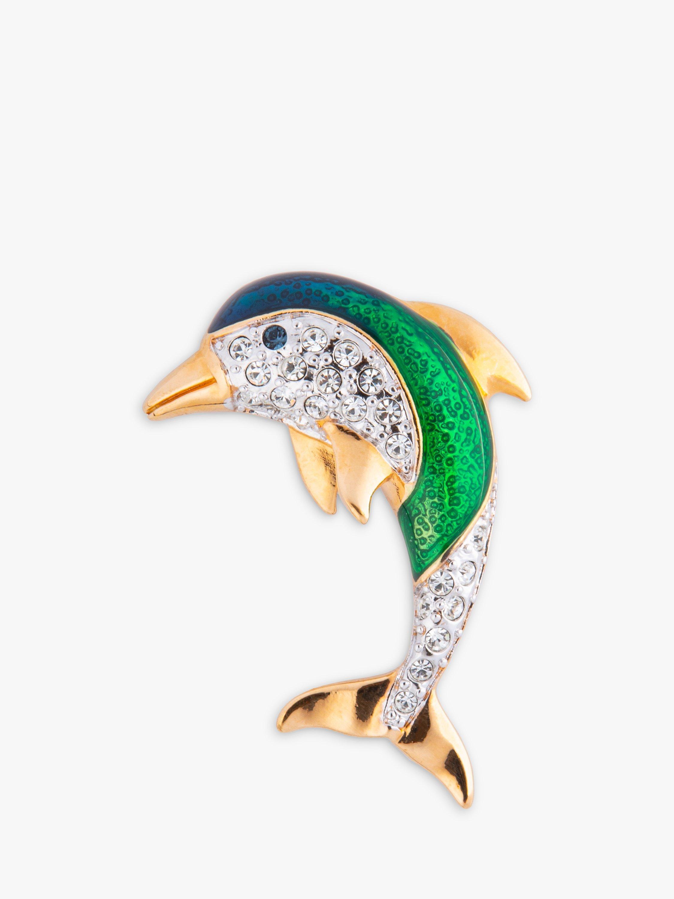 Product image 1 of 1, which shows Eclectica Pre-Loved Gold Plated Enamel & Swarovski Crystal Dolphin Brooch, Dated Circa 1980s
