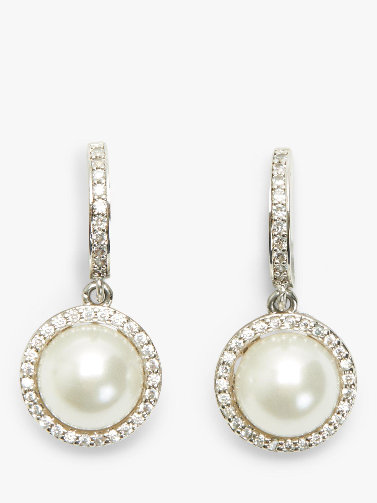 kate spade new york Cubic Zirconia & Faux Pearl Drop Huggie Hoop Earrings, Silver