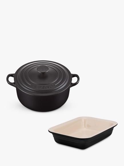Le Creuset Cast Iron 20cm Casserole and 29cm Stoneware Dish Set, 2 Piece, Satin Black, Satin Black