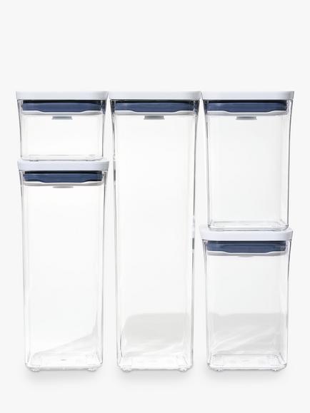 OXO POP Square Plastic Kitchen Storage Containers, Set of 5, Clear, Clear